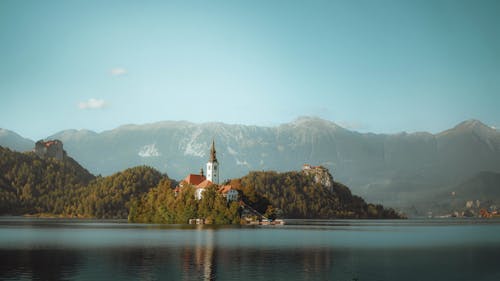 Coucher De Soleil Sur Le Lac De Bled En Slovénie
