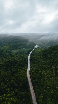 Aerial view of a winding road through a dense green forest in Dapa, Philippines, under cloudy skies.