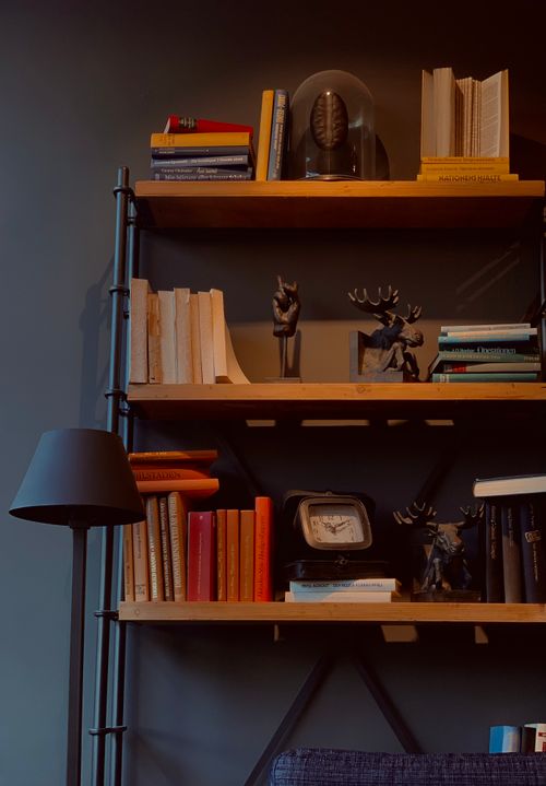 Free A stylish bookshelf adorned with books, figurines, and a lamp, creating a cozy interior space. Stock Photo