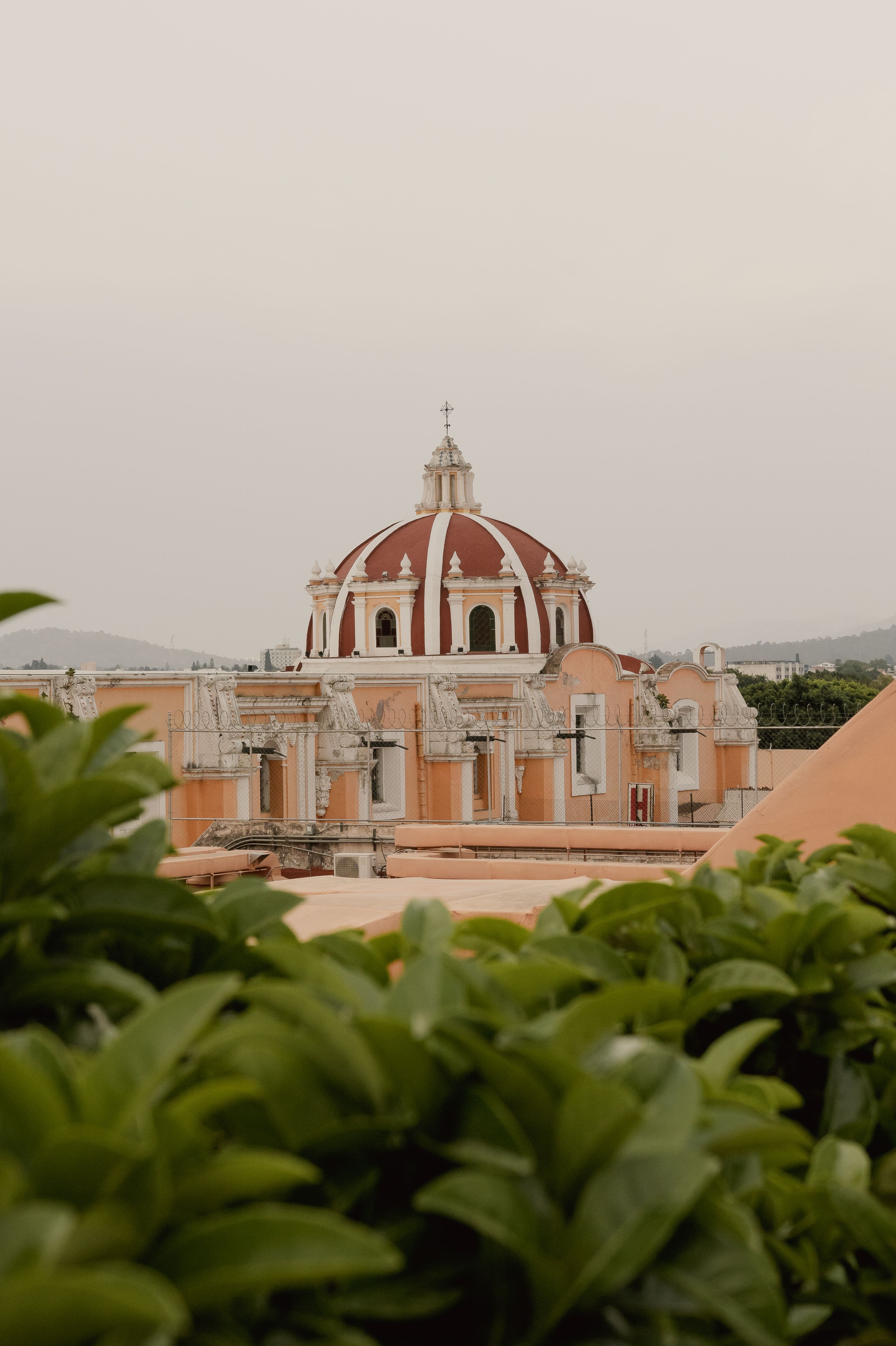 Scenic view of a historic church dome in Puebla framed by lush greenery, showcasing Mexican architecture.