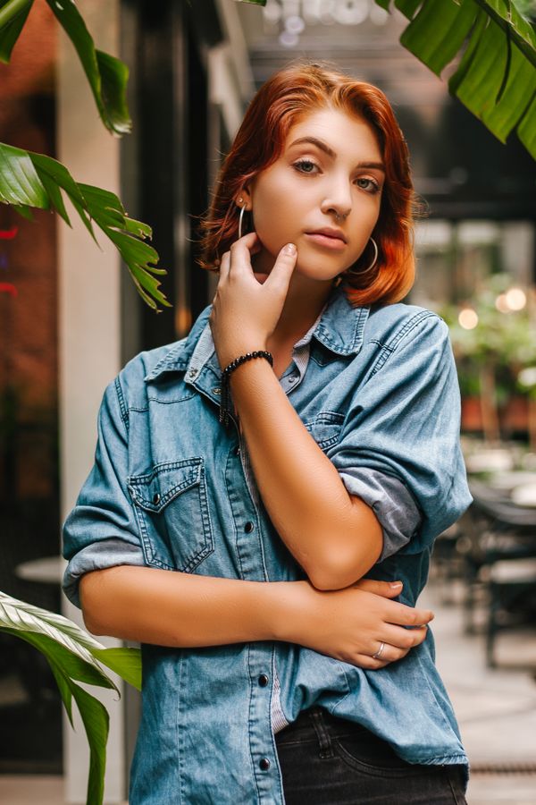 Chambray-blue knit with white sneakers