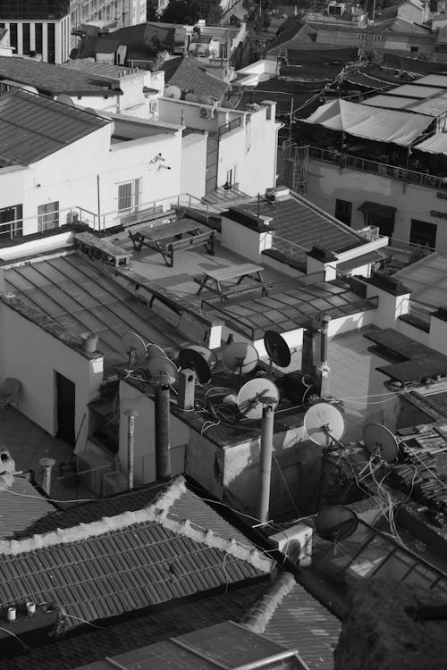 Roofs of Buildings in Town in Black and White