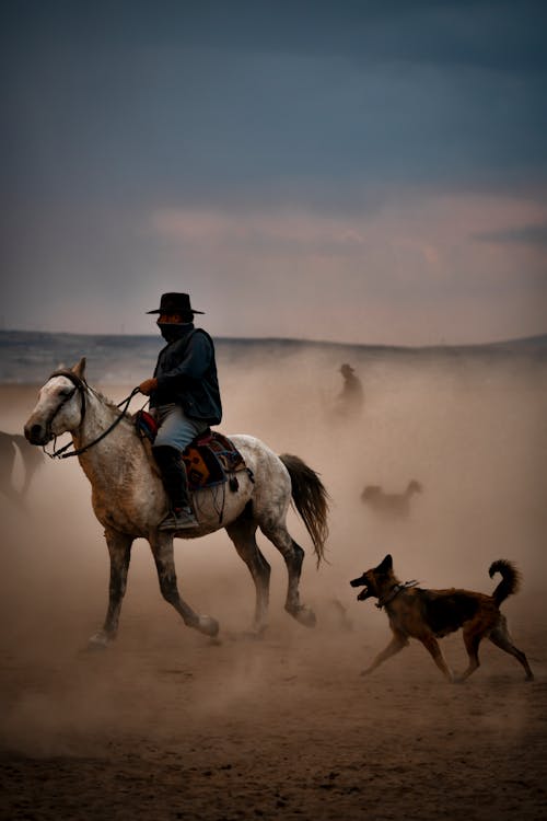 Farmer Horseback Riding in Sand