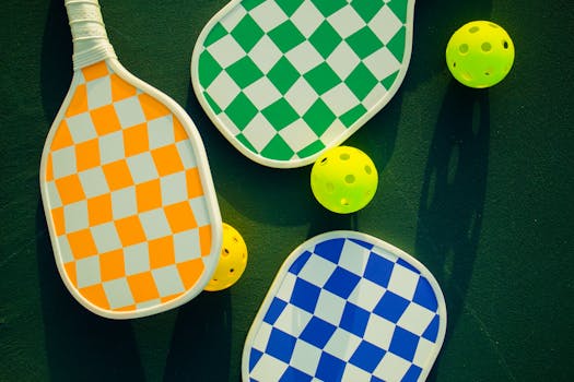 Vibrant pickleball paddles and balls arranged on a sunny sports court.