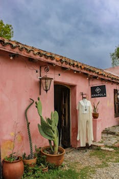 A rustic clothing store entrance with a cactus and terracotta pots in San Javier, Córdoba.