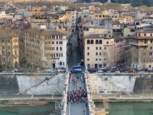 Aerial View of People Walking on the Ponte Sant Angelo in Rome, Italy 