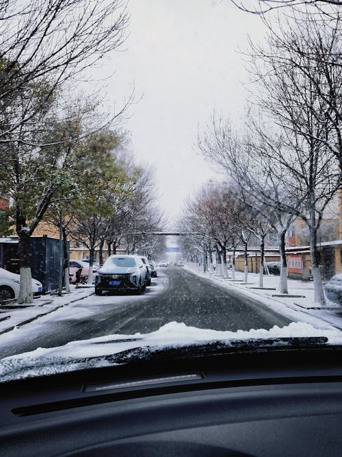 Kostenloses Stock Foto zu der blick aus dem auto, enge straße, frost