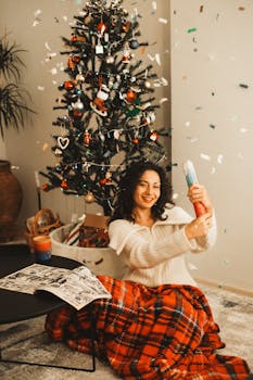 Woman celebrating indoors with confetti and Christmas tree, wrapped in blanket.