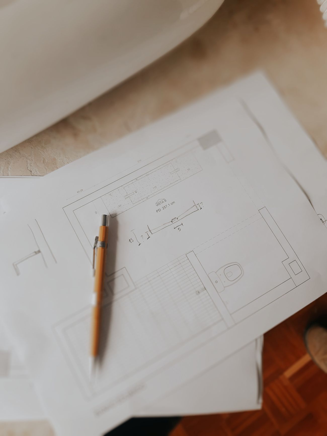 Architectural plans and perspective drawing on paper