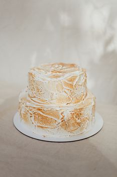 Elegant two-tier cake with a toasted meringue finish, perfect for celebrations.