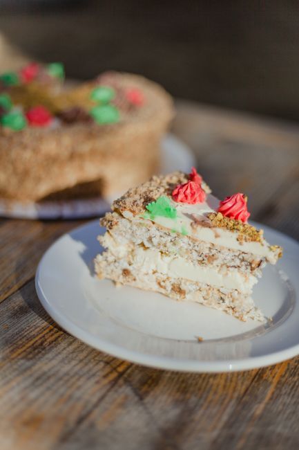 Indulge in a close-up view of a creamy, festive cake slice adorned with colorful frosting, perfect for dessert lovers.