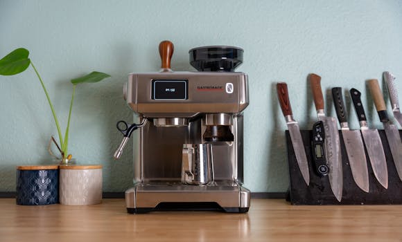 A sleek espresso machine with knives and plants on a wooden kitchen counter, showcasing a homey kitchen vibe.