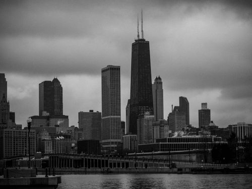 Free Moody black and white photo of Chicago skyline featuring iconic skyscrapers. Stock Photo