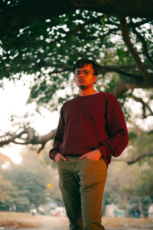 Free Young man in a red sweater stands under a tree in a peaceful park setting. Stock Photo