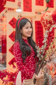 Smiling Asian woman holding flowers in traditional attire during a festive celebration.