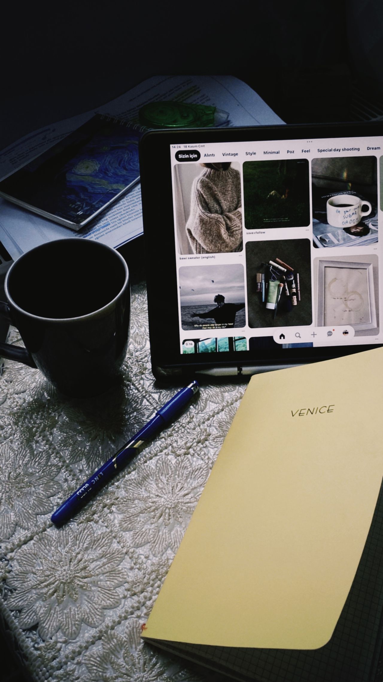 Aesthetic Digital Planner | Daily, Weekly & Monthly Planner A cozy office setting featuring a tablet, notebook, and mug on a textured surface.