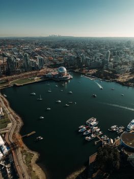 Stunning aerial view of Vancouver's skyline with Science World and False Creek in view.