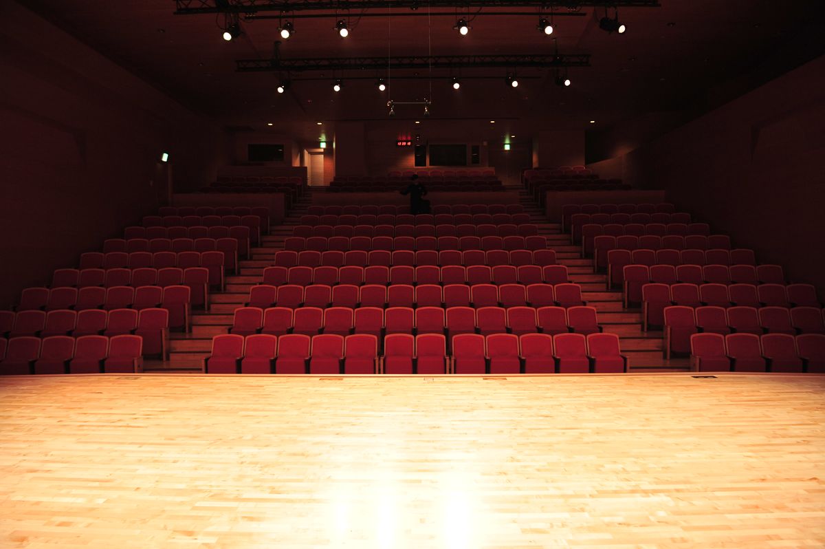 Theatre interior with rows of seats and an illuminated stage
