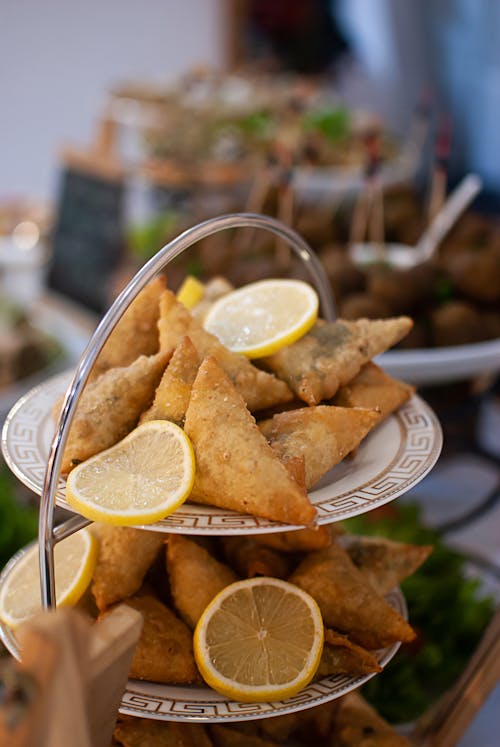 Fried Fish and Lemon Slices on Plates