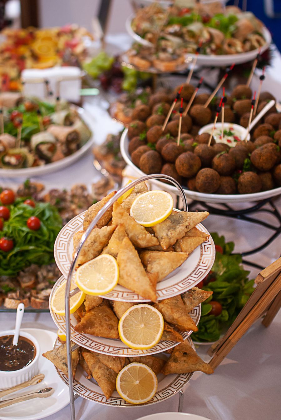 Buffet-style catering spread of dishes