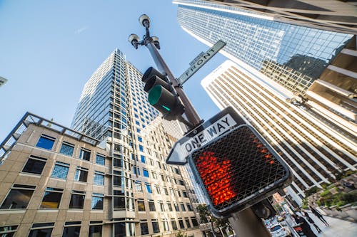 Front Street One Way Sign and No Walking Sign