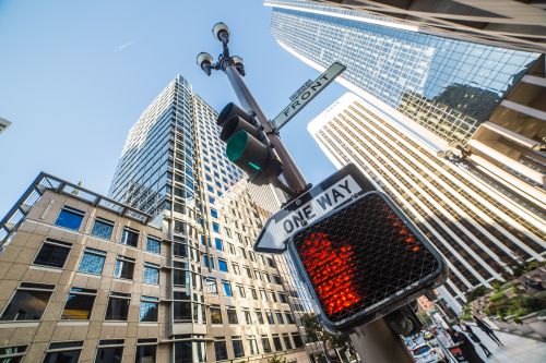 Free Dynamic perspective of skyscrapers and traffic light in downtown San Francisco. Stock Photo