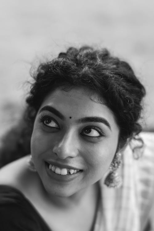 Smiling Brunette with Bindi in Black and White