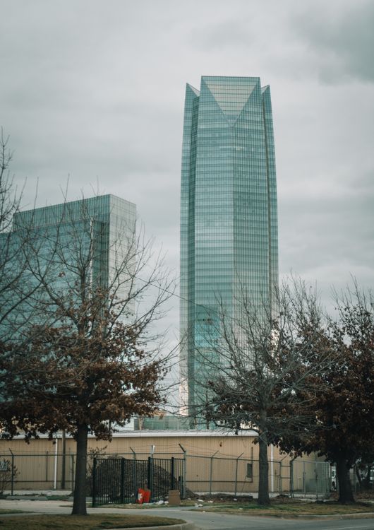 Devon Tower skyscraper in downtown Oklahoma City against an overcast sky