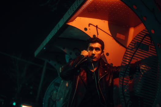 Dramatic night scene of a man using a public phone under warm lighting.