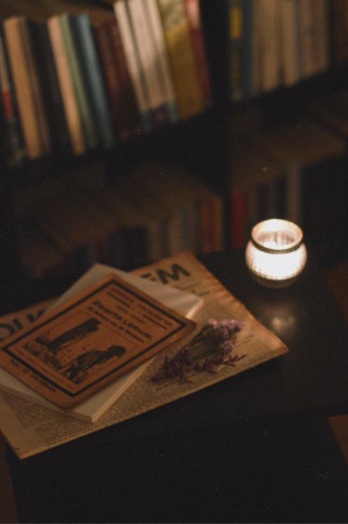 Free Warm, inviting space with books, candlelight, and a touch of nature. Stock Photo