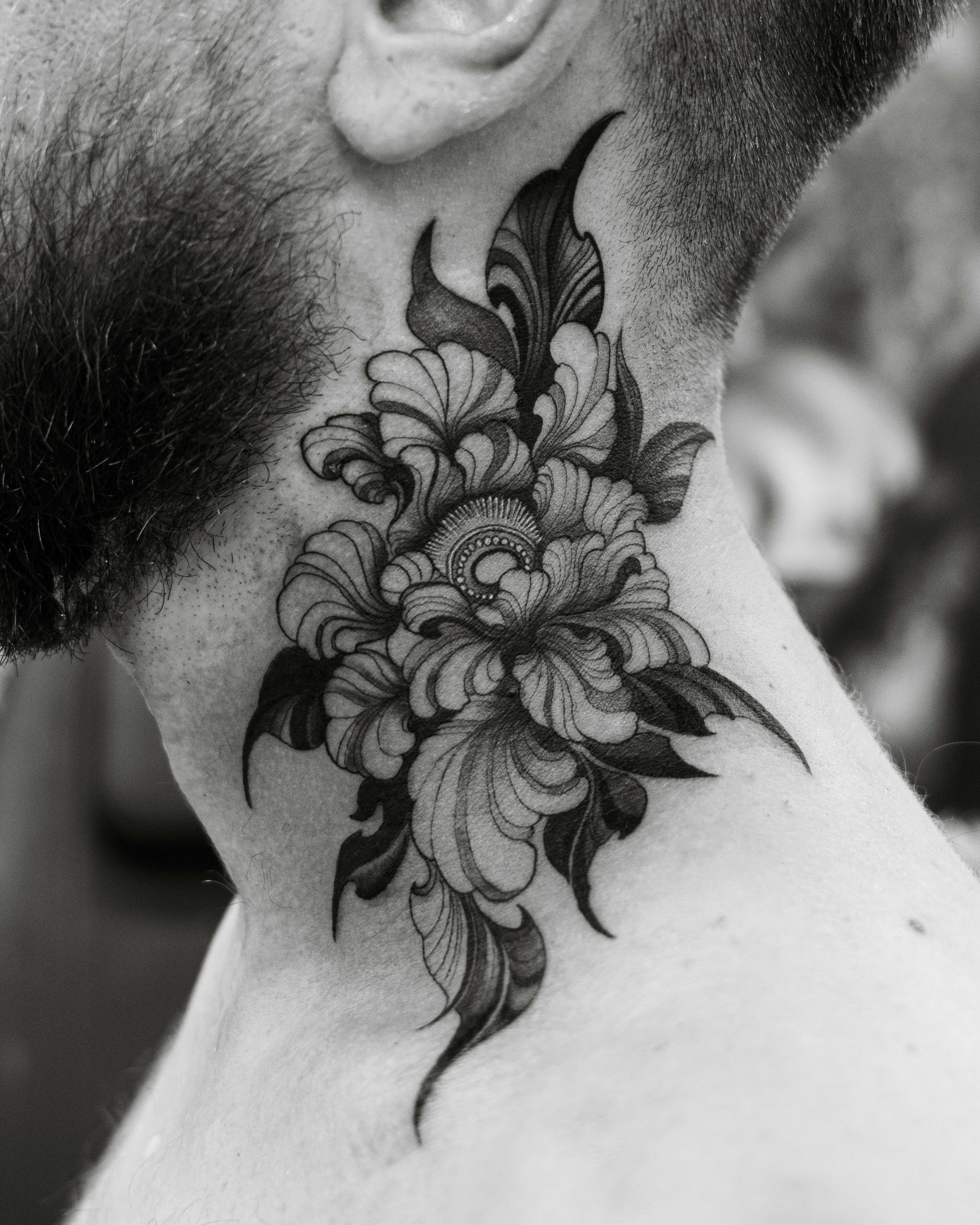 Tattoo uploaded by Orla • Awesome double black & grey peony flower neck  tattoos &, marching shoulder geometric mandela tattoos • Tattoodo