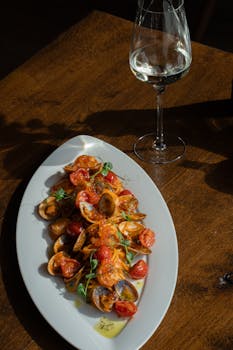 Elegant seafood pasta dish with fresh tomatoes and herbs, paired with a glass of white wine.