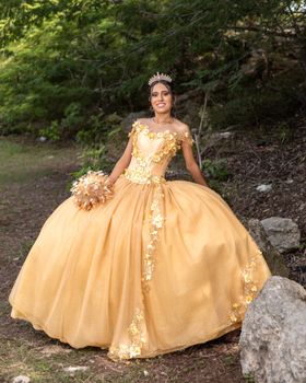 A woman wearing a golden ball gown and tiara in an outdoor setting.
