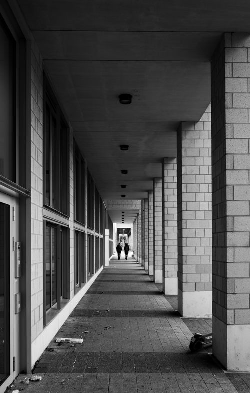 Free Black and white photo of a symmetrical colonnade in Karlsruhe, Germany, showcasing urban architecture. Stock Photo