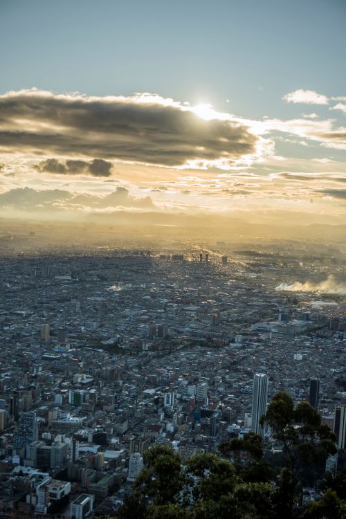 Free Beautiful aerial view of Bogotá, Colombia with dramatic sunset and cloudscape. Stock Photo