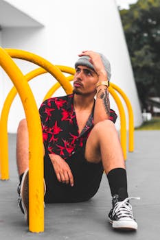 一个戴着无檐帽、身穿图案衬衫的男人，正坐在黄色扶手旁，透着休闲都市的时尚感