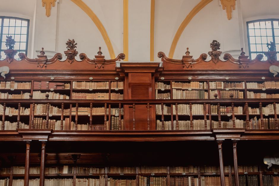 Estante de biblioteca con libros literarios y no literarios ordenados