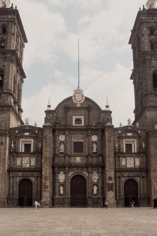 Free The iconic façade of Puebla Cathedral, a testament to colonial architecture in Mexico. Stock Photo