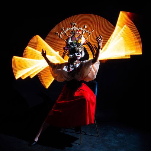 Free A vibrant Catrina performance with dramatic light painting in Ciudad de México. Stock Photo