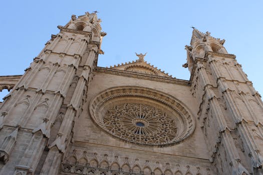 Stunning low angle shot of the Gothic Palma Cathedral in Mallorca, Spain.