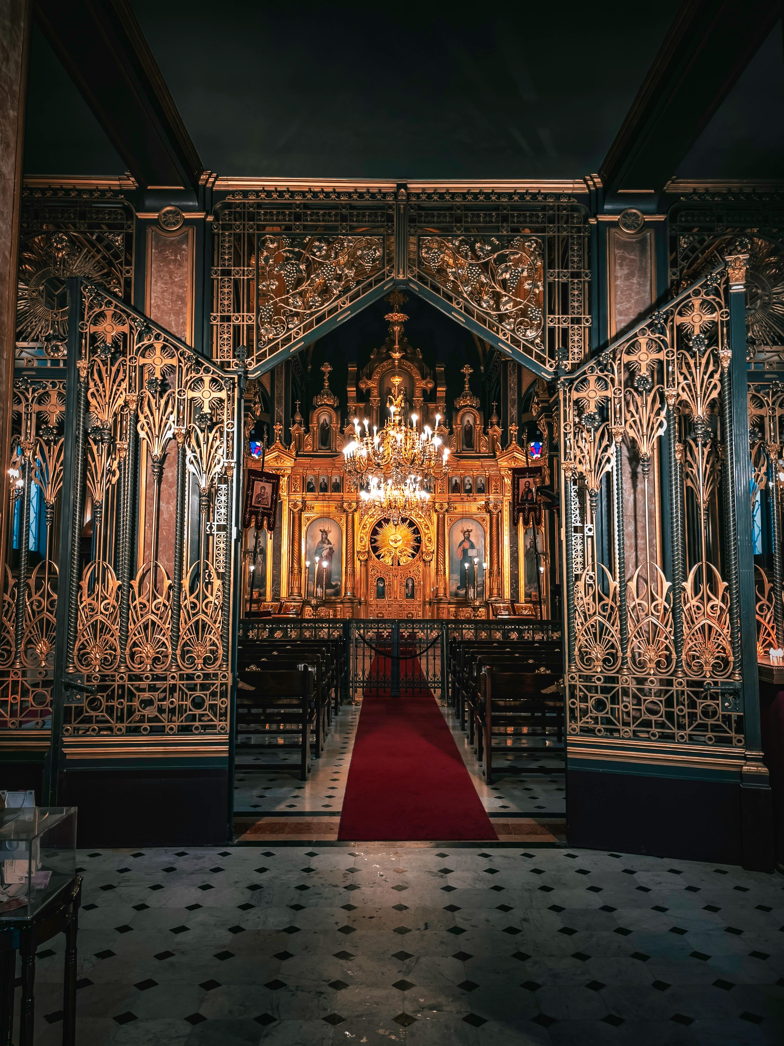 Captivating view of the intricate and majestic interior of Saint Stephen Church in Istanbul, highlighting its ornate altar.