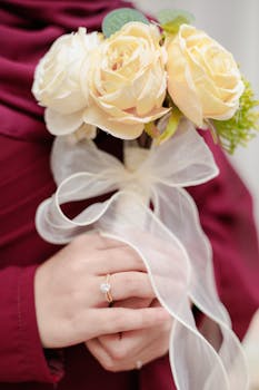 A woman's hands hold a rose bouquet with a delicate ribbon, showcasing her elegant ring.