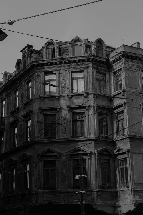 Free A striking black and white photo of a historic building facade capturing architectural details. Stock Photo