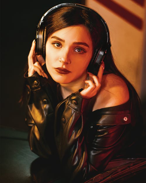 Portrait of a Beautiful Brunette Wearing Headphones