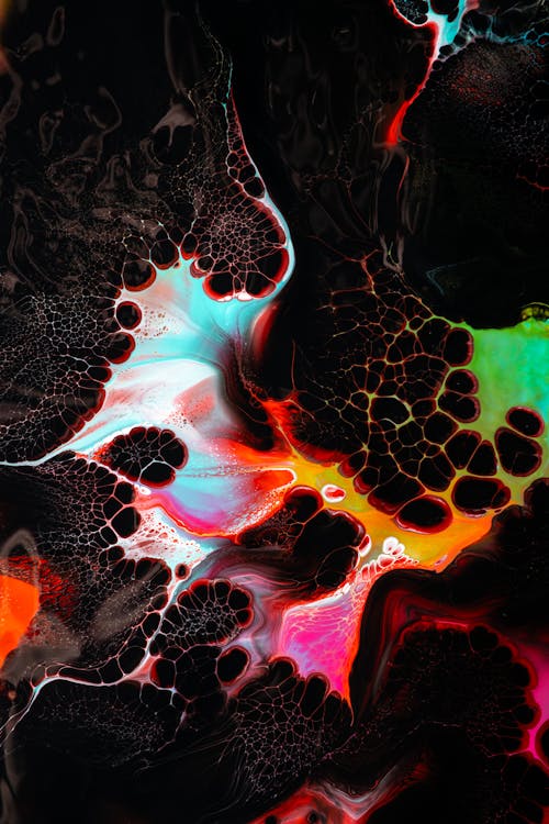 An abstract painting with colorful flames