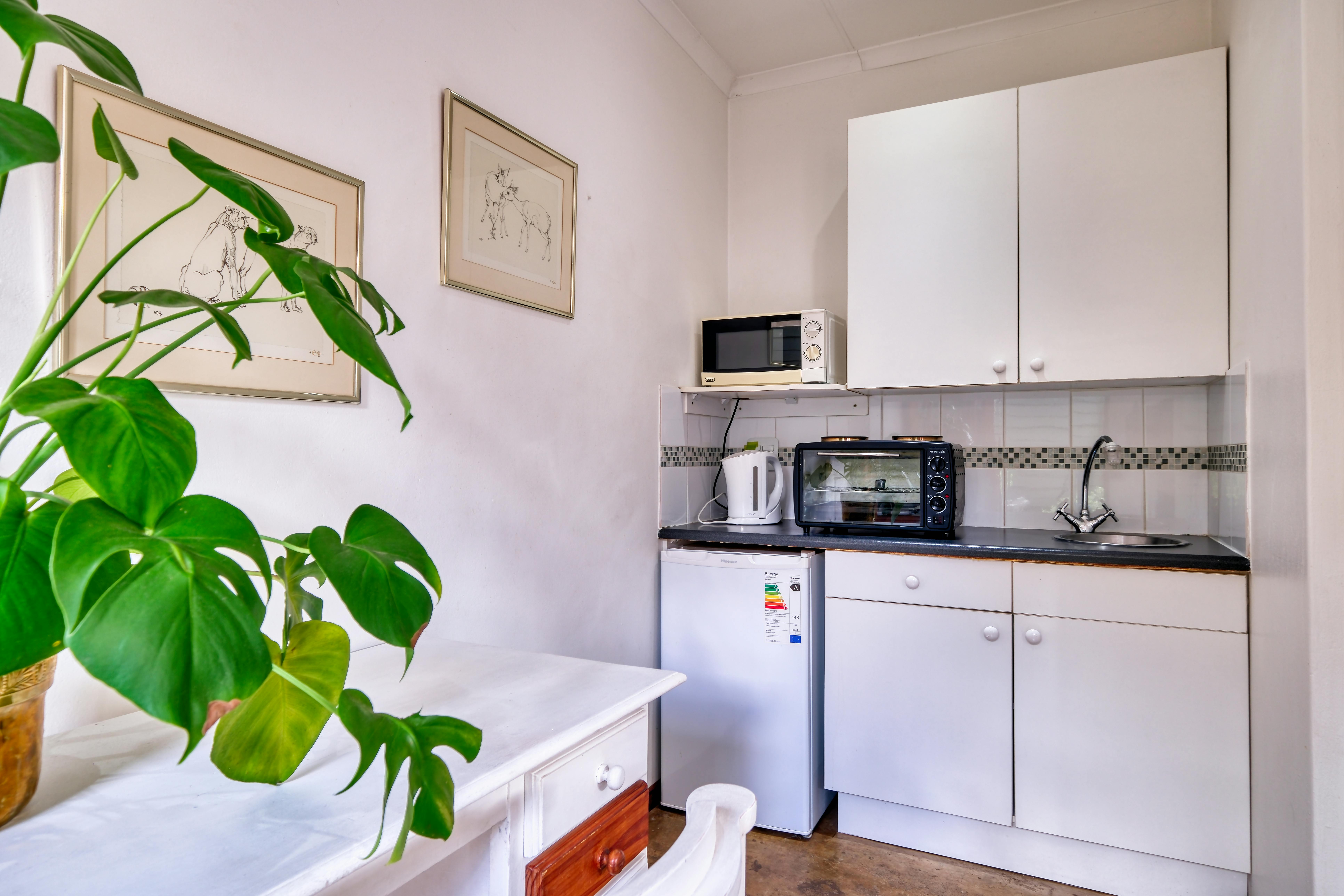 Compact modern kitchenette featuring appliances, white cabinets, and lush indoor plant decor.