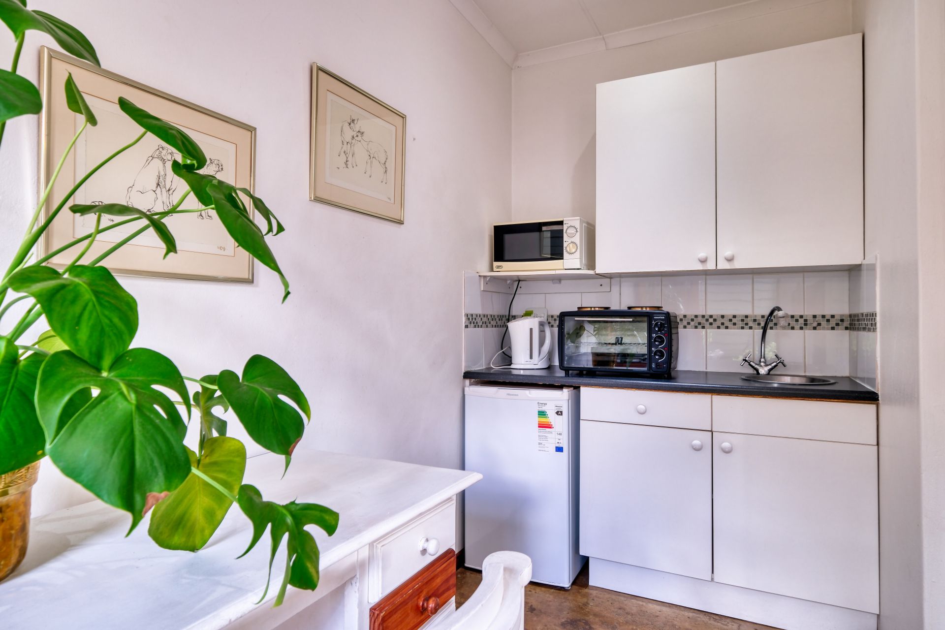 Compact modern kitchenette featuring appliances, white cabinets, and lush indoor plant decor.