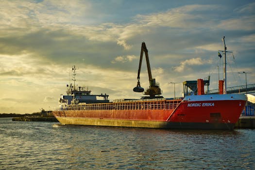 A vibrant red cargo ship named Nordic Erika moored at a harbor during a beautiful sunset.