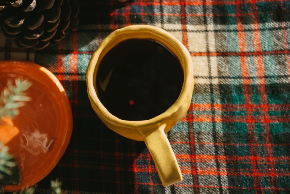 A glass mug of hot toddy with a cinnamon stick and lemon wheel, steam rising from the amber liquid.