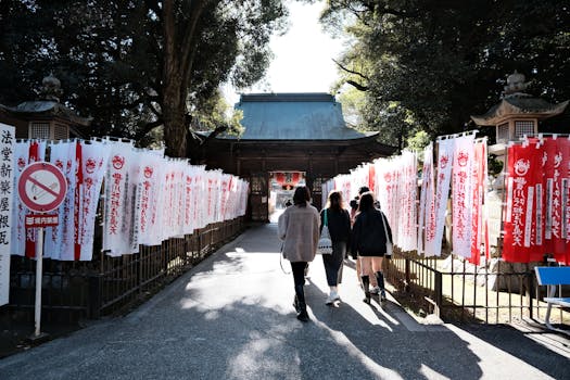 A serene walk towards Toyokawa Inari Temple surrounded by traditional banners.